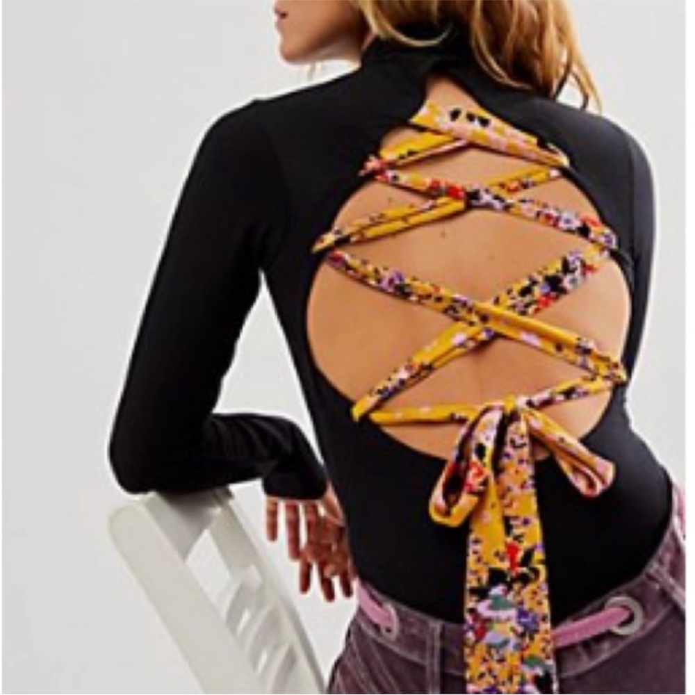 Free People Black Top with Floral Lace-Up Back
